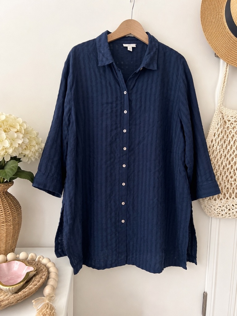 J. Jill 2X 100% Cotton Navy Textured Button Front Tunic Blouse